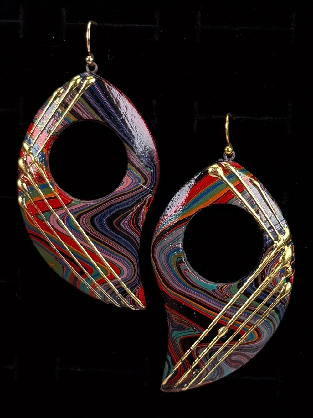 Oversized Wood Pierced Earrings Multicolor Abstract Swirl Gold Tone Dangle